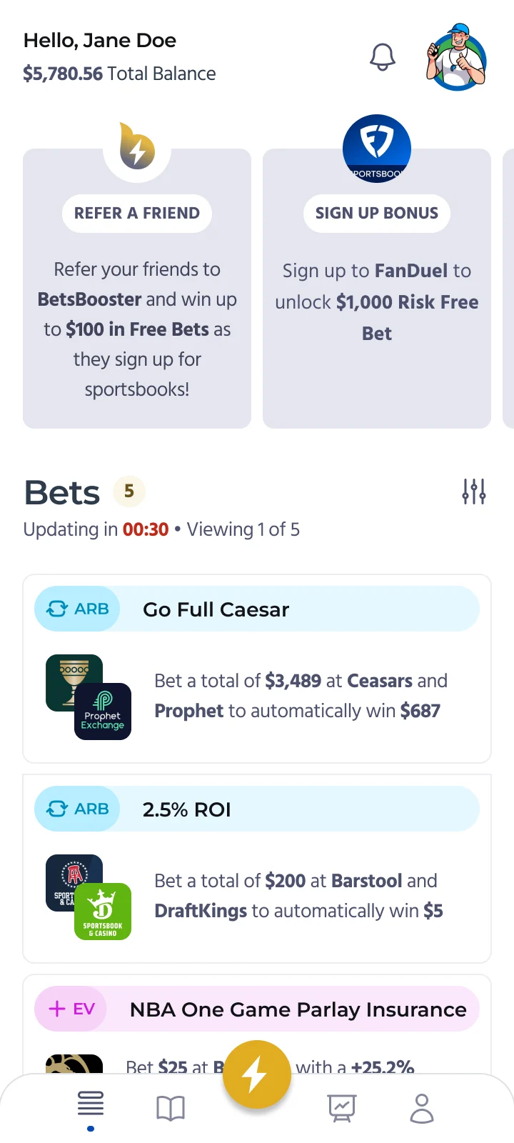 Bets Booster feed with arbitrage and +EV plays