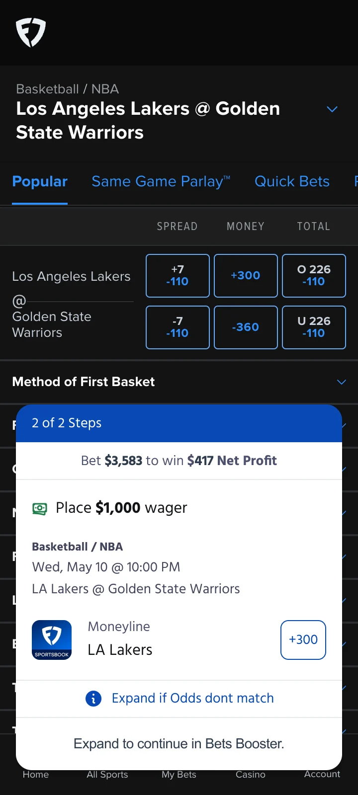 Betting pip guiding a bet inside FanDuel