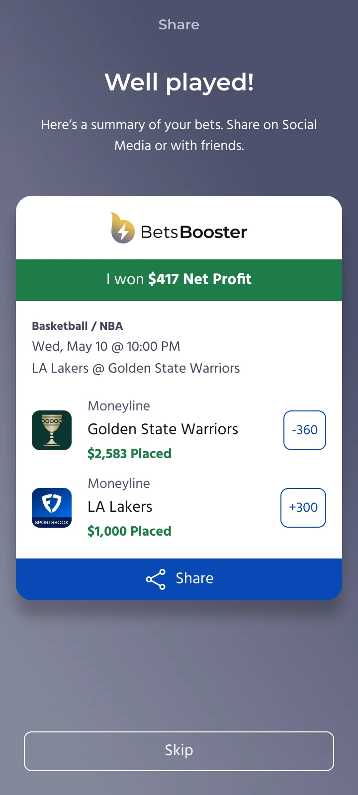 Share card for a winning play