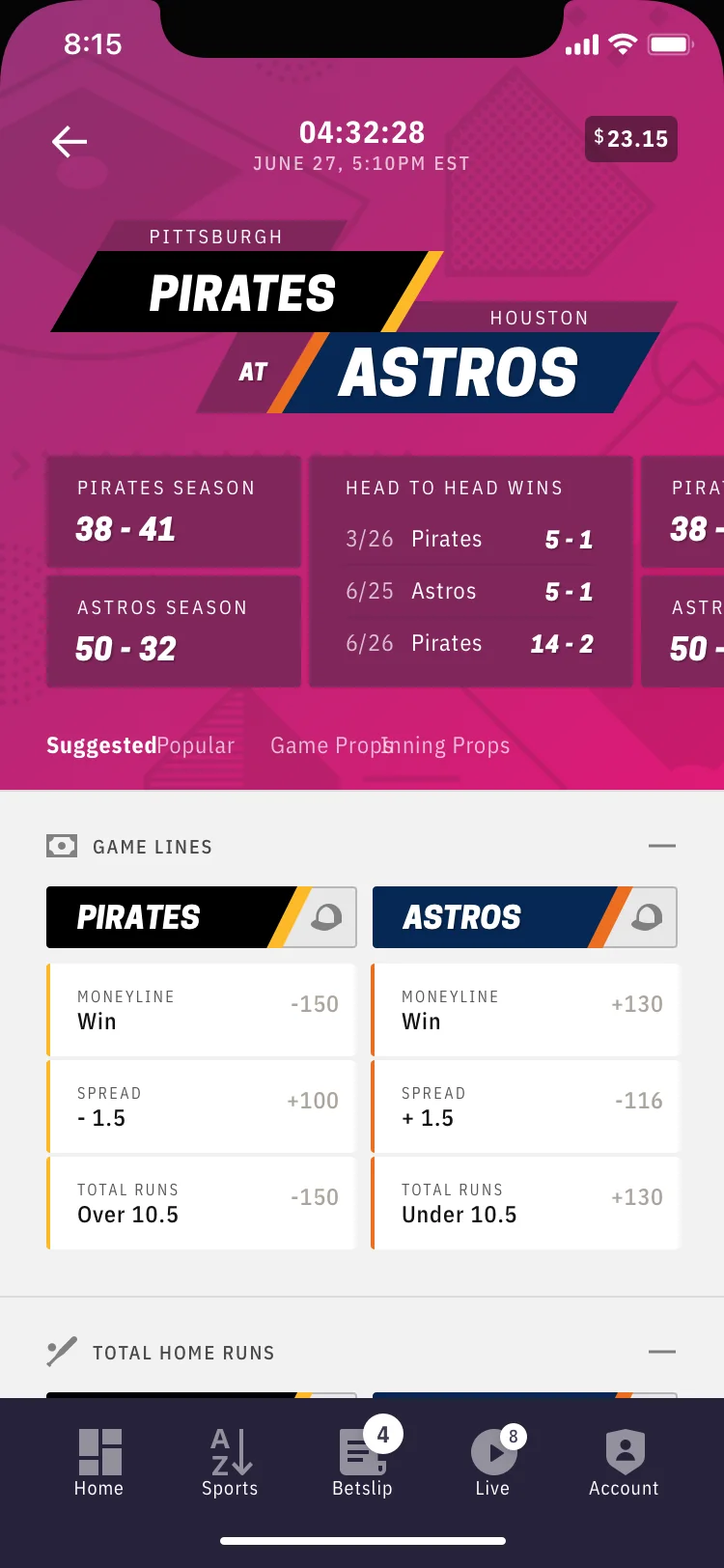 Agency event page: Pirates vs. Astros