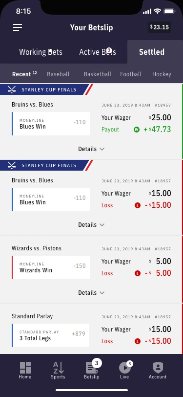 Agency settled bets screen