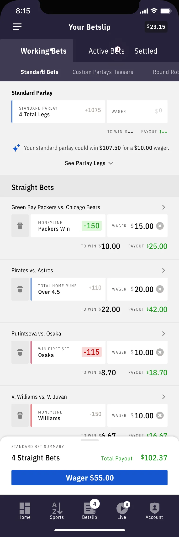 Agency bet slip with working bets