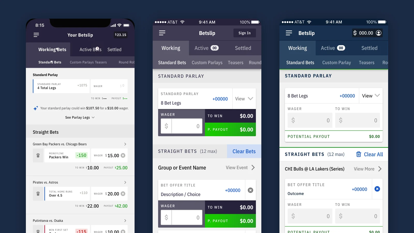 Bet slip iterations: the agency design, the first in-house version, and the improved slip