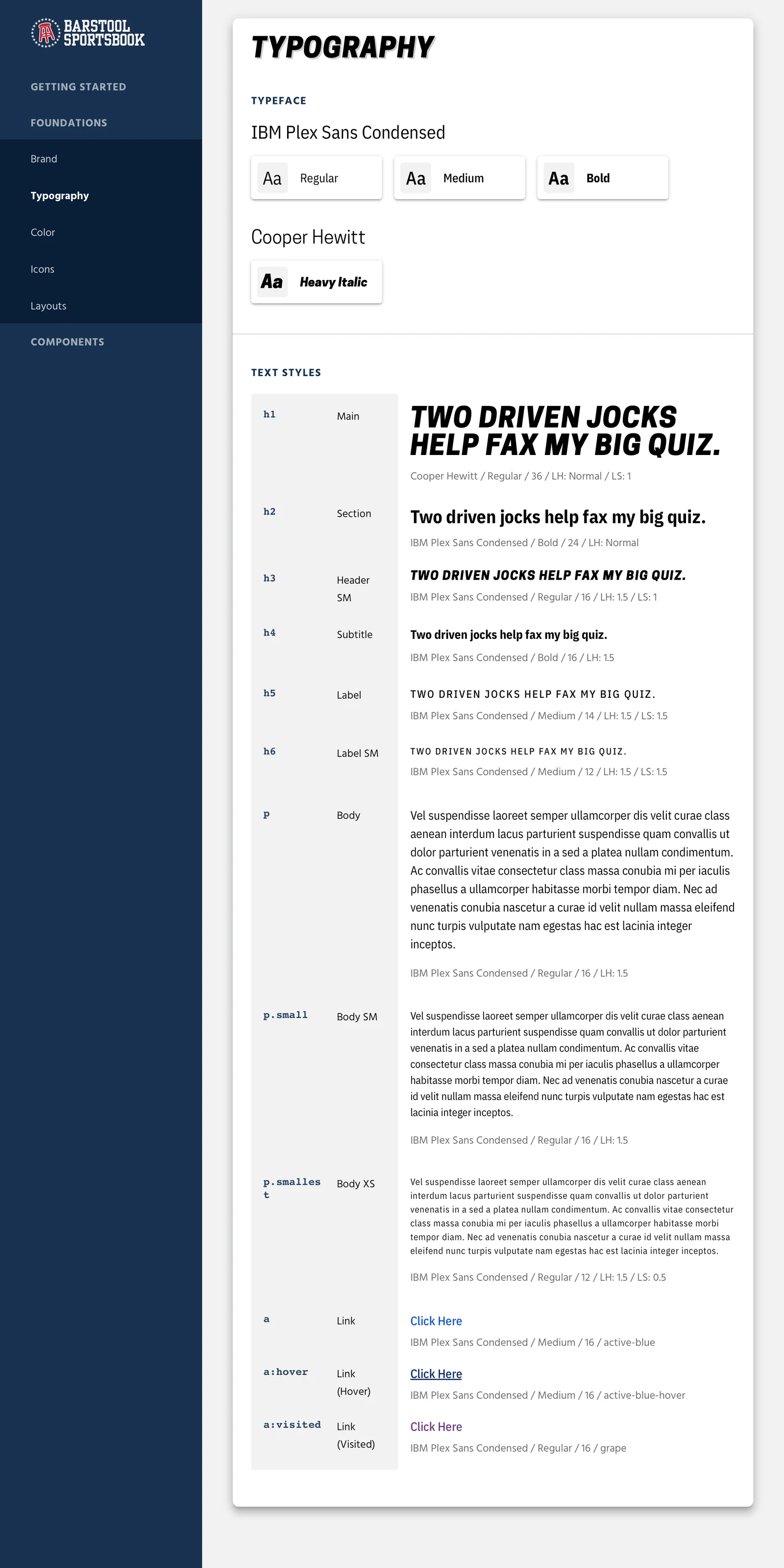 Typography page: IBM Plex Sans Condensed and Cooper Hewitt text styles
