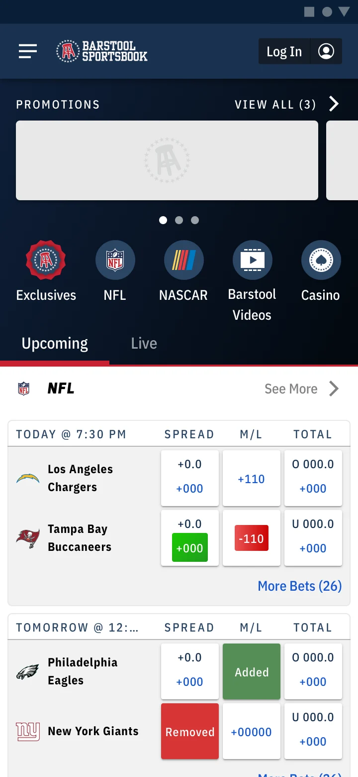 Shipped Barstool Sportsbook home page on Android