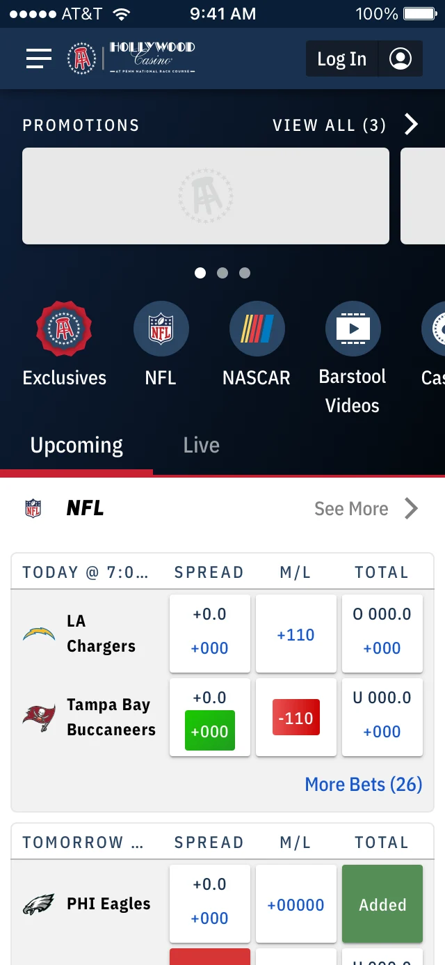 Shipped Barstool Sportsbook home page on iOS