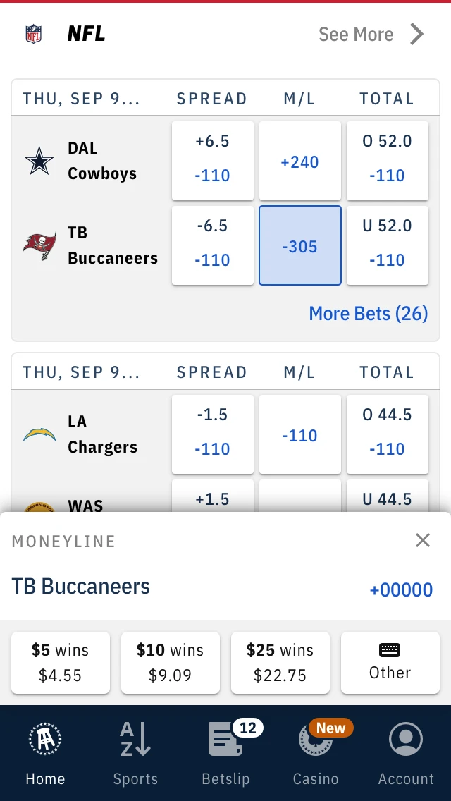 Shipped quick wager tray: $5, $10, $25, or another amount in one tap