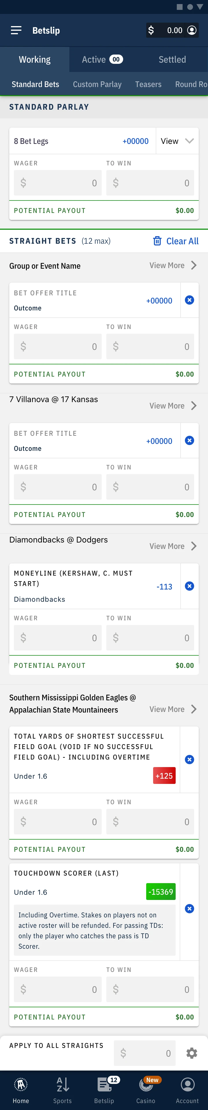 Android bet slip with straight bets