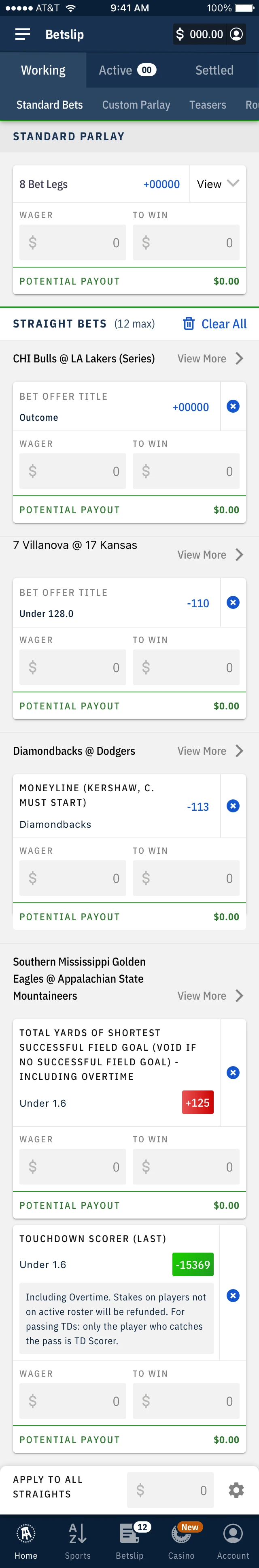 iOS bet slip with straight bets