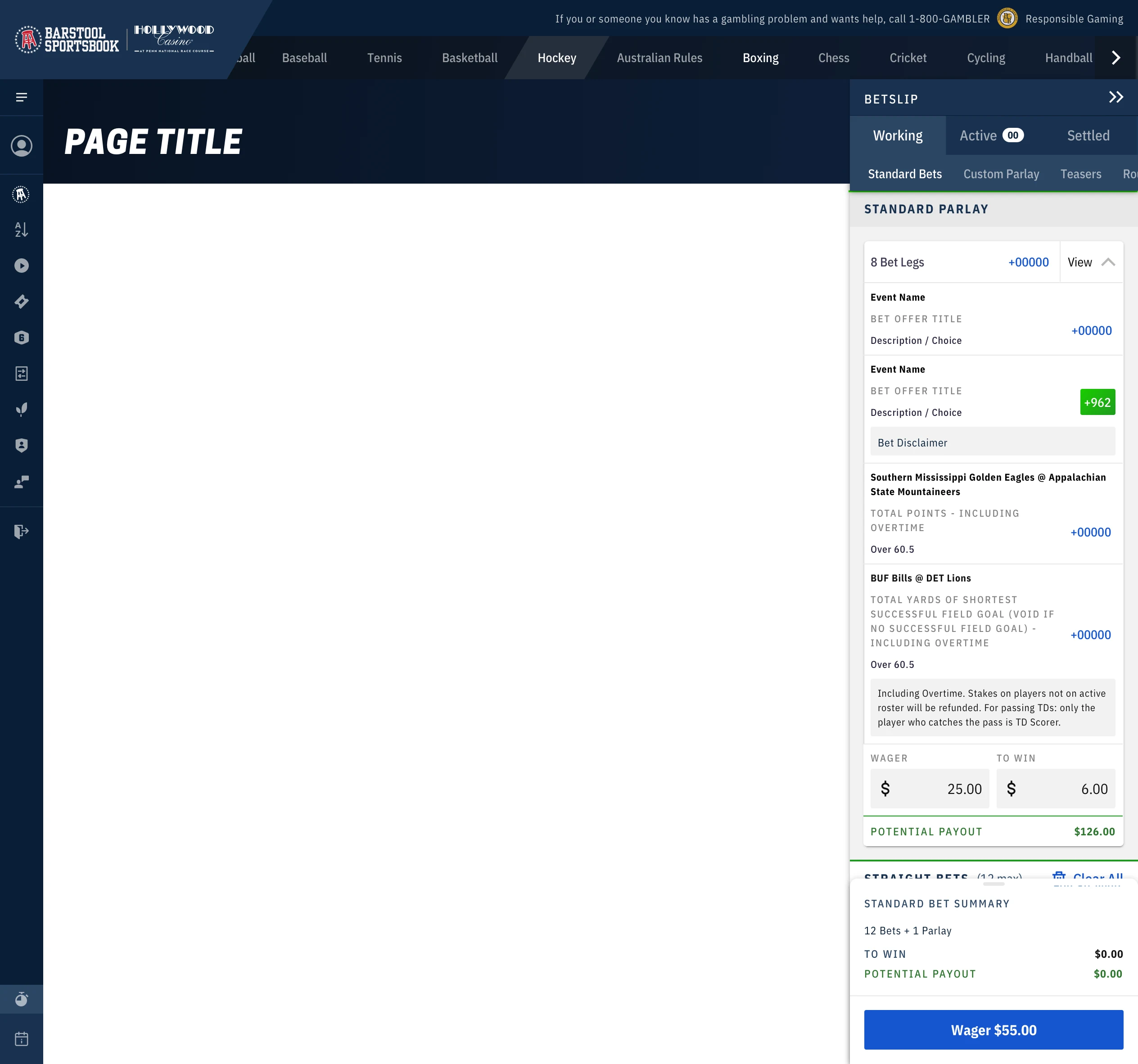 Web: bet slip panel open with an expanded parlay