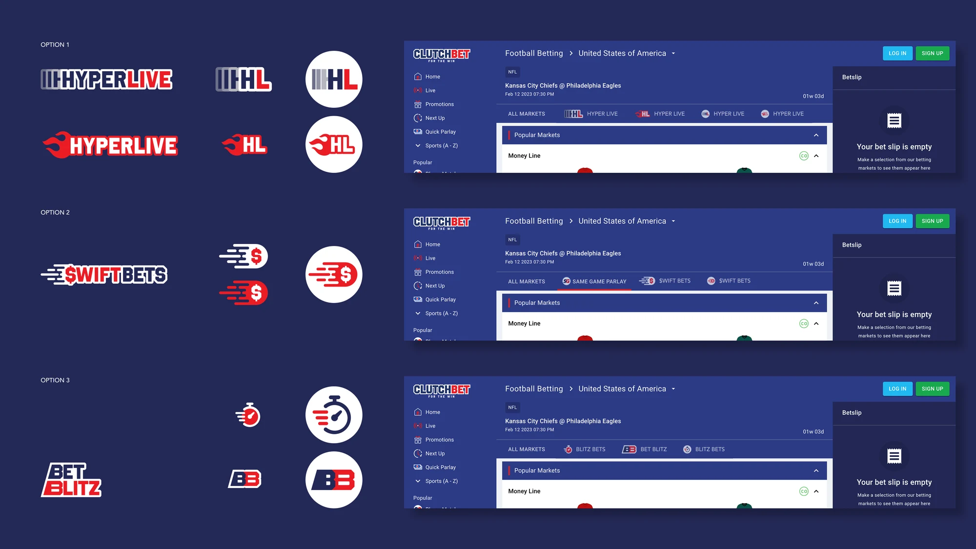 Three name and logo options for Clutch Bet's live-betting tab, each shown in the product
