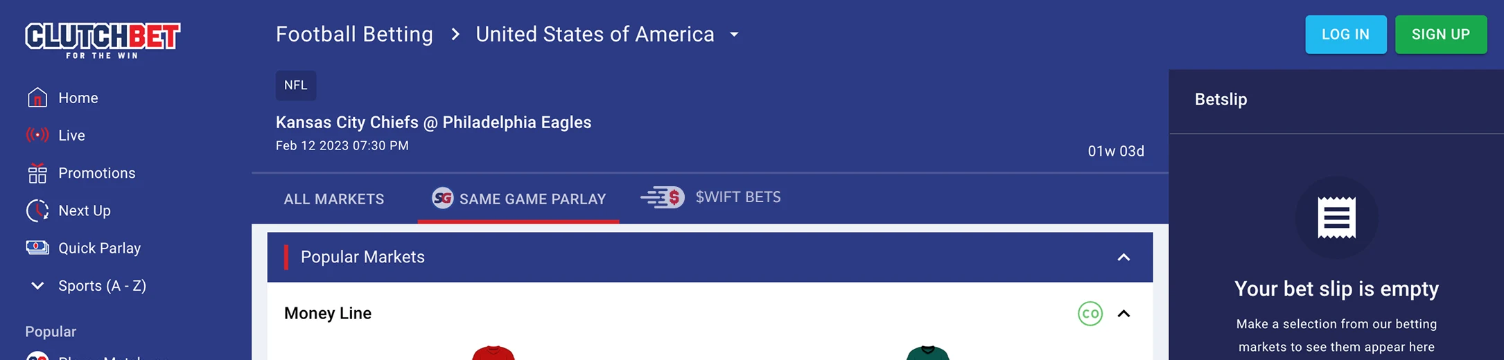 $wift Bets shown in the Clutch Bet live markets tab