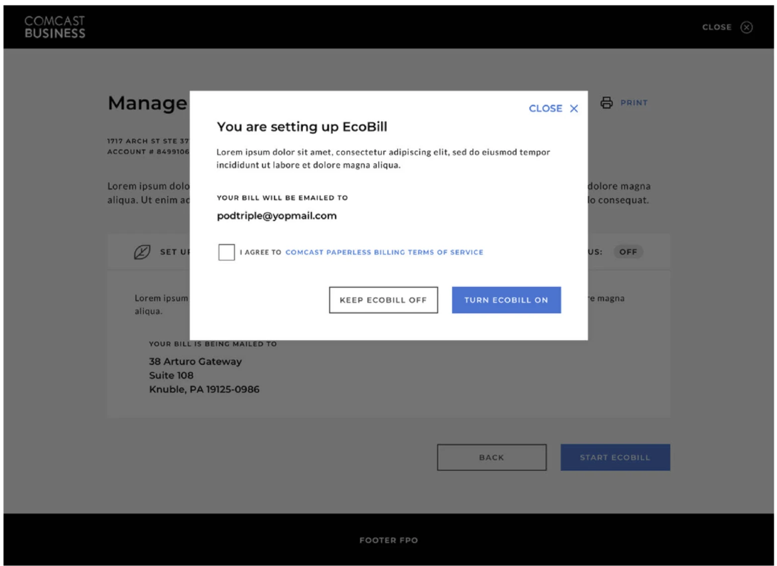 Redesigned EcoBill setup: a modal with one terms checkbox