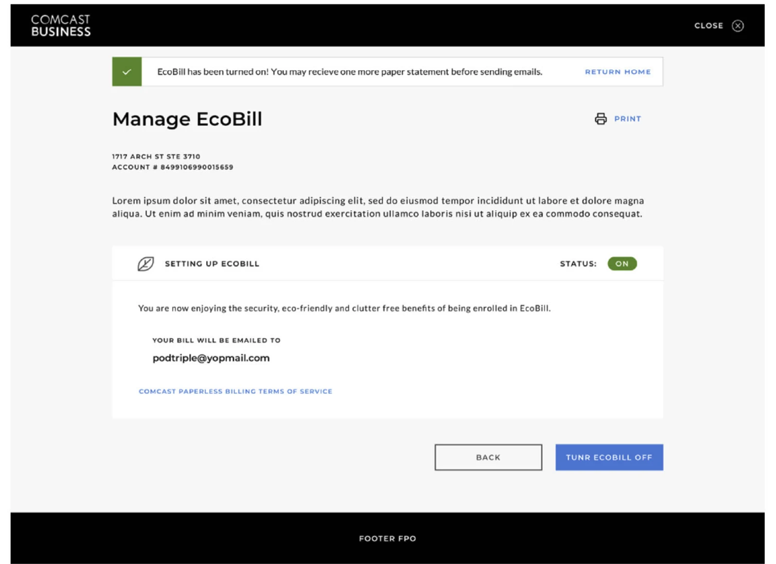 Redesigned confirmation: an inline banner and EcoBill status ON