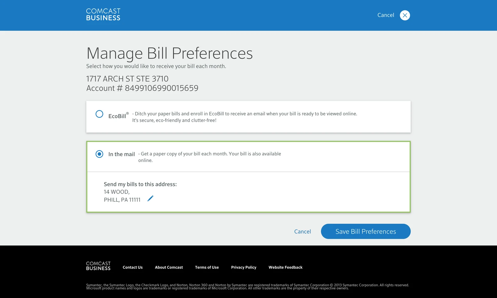 Before: the old Manage Bill Preferences page