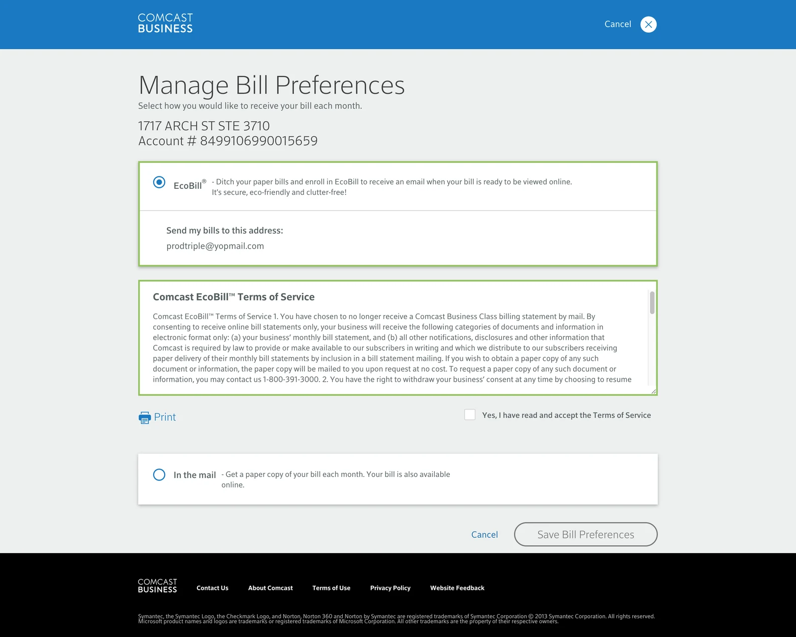 Old EcoBill setup with the full terms of service inside the page