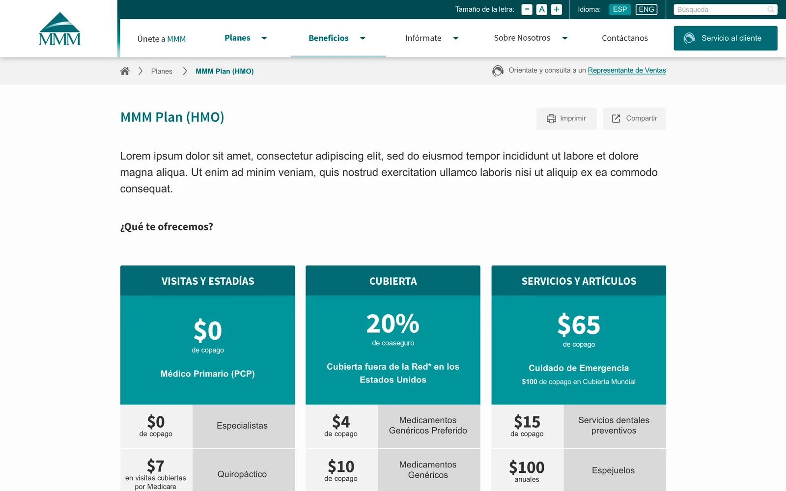 Redesigned MMM plan detail page on desktop