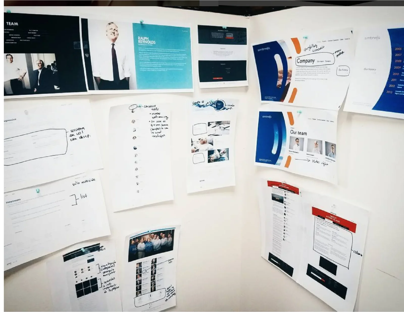 Printed reference sites pinned to a wall, marked up with handwritten notes on layout and content