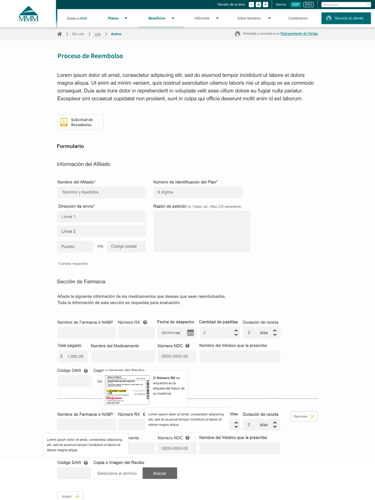 Reimbursement process page with form