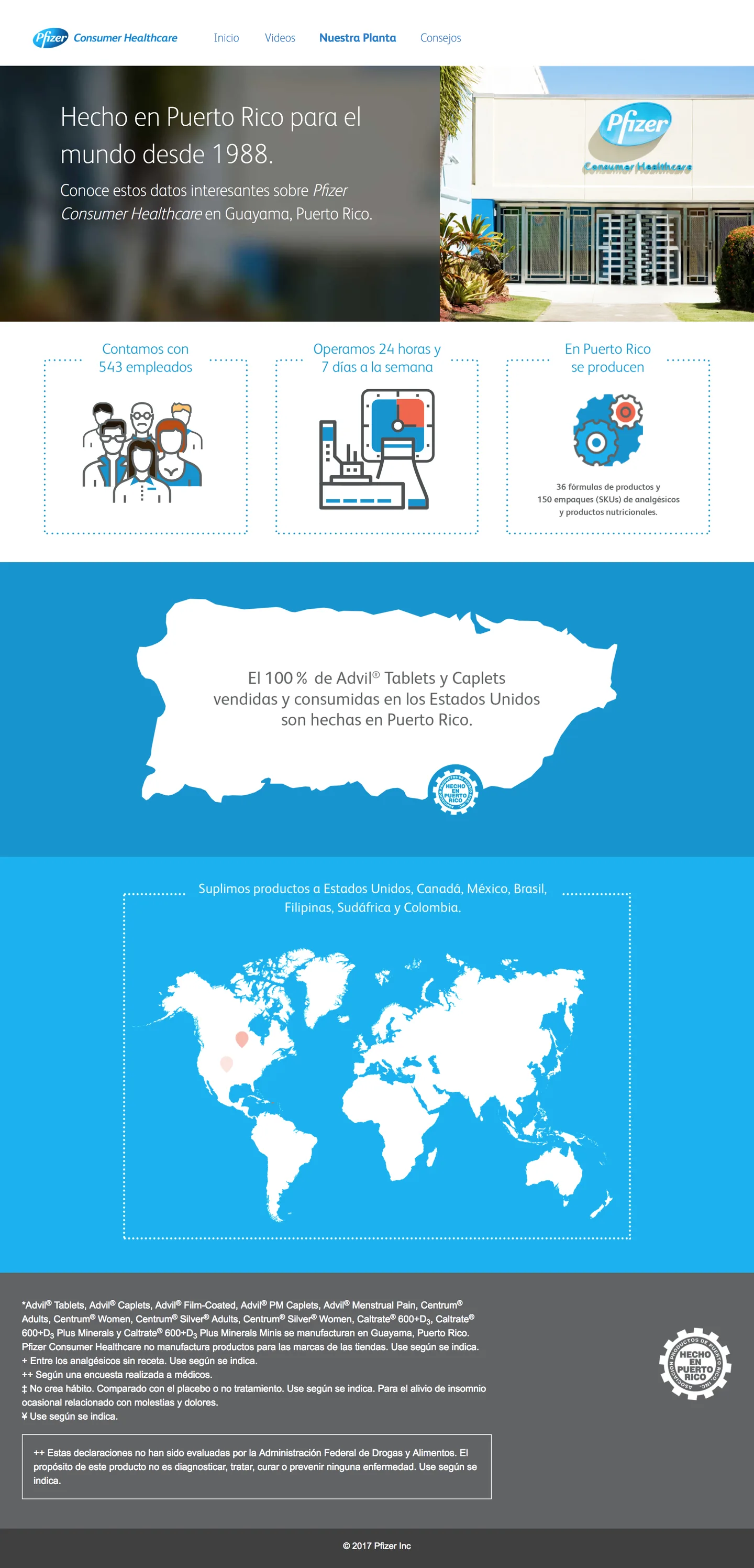 Facts page: employees, 24/7 operation, Advil made in Puerto Rico, and the distribution map