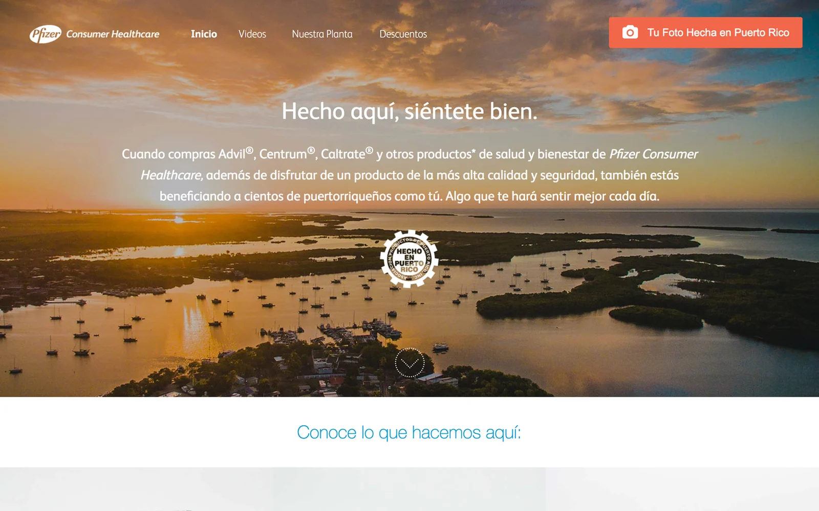 Hecho en Puerto Rico landing page: hero over the coast and a gallery of locally made products