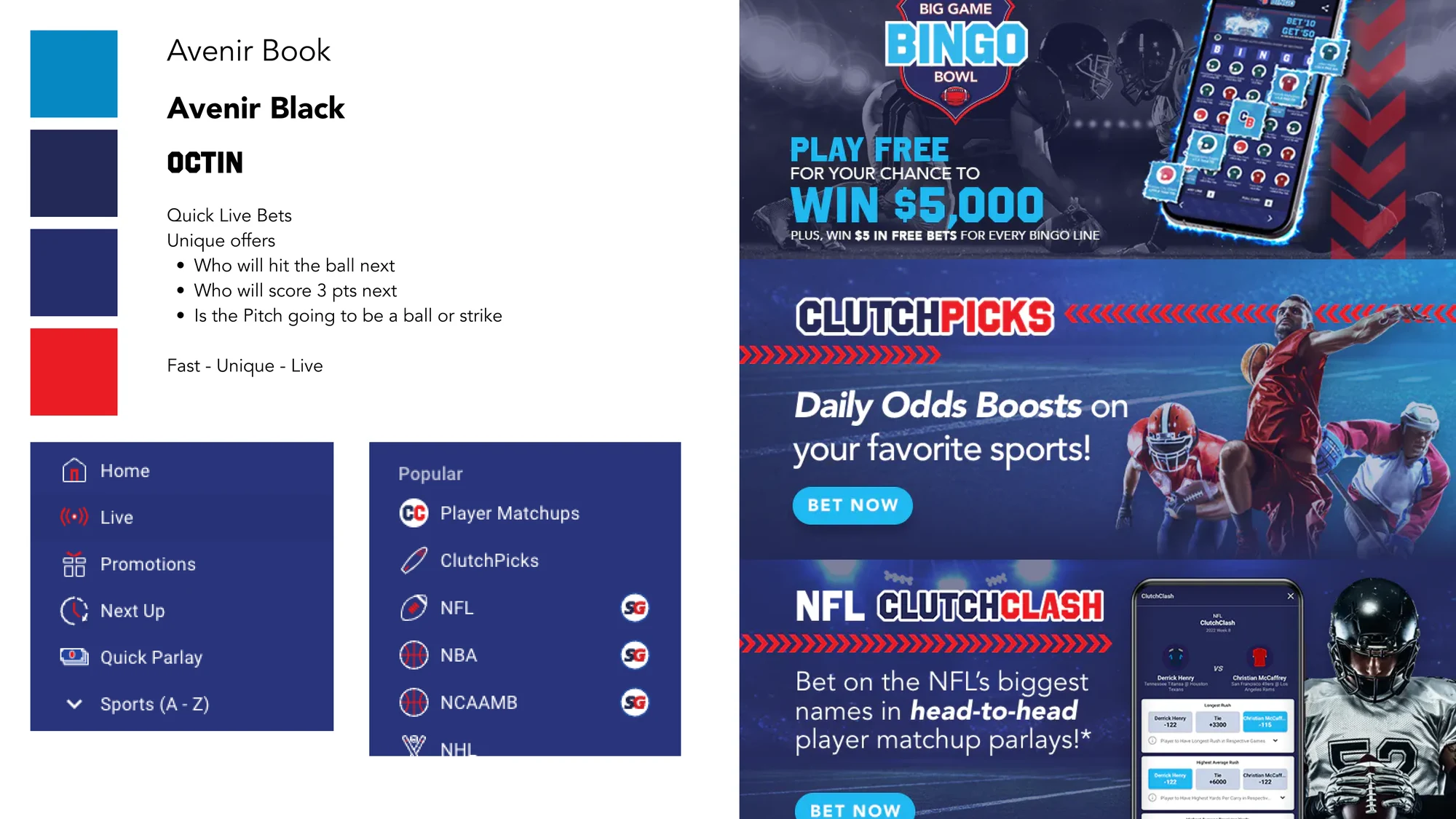 Clutch Bet style guide: type, colors, navigation, and promo examples