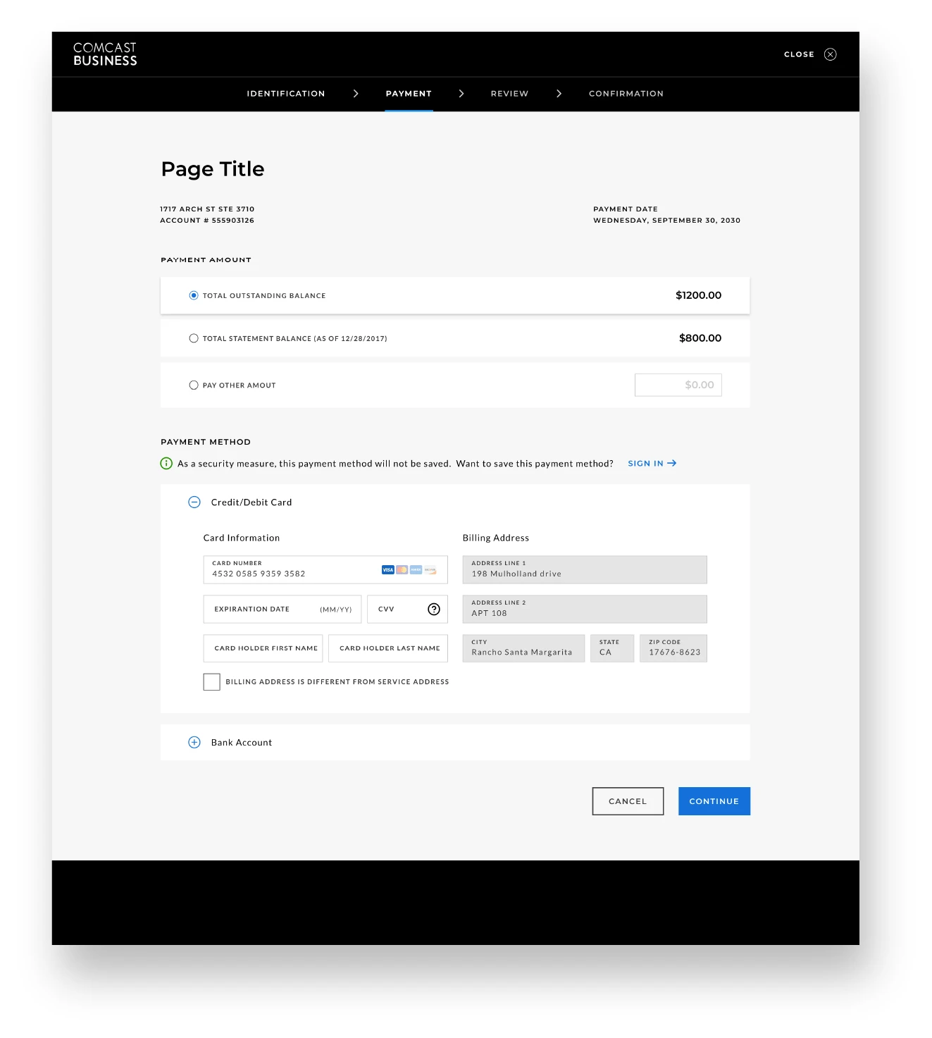 Comcast Business bill payment screen on the new design system